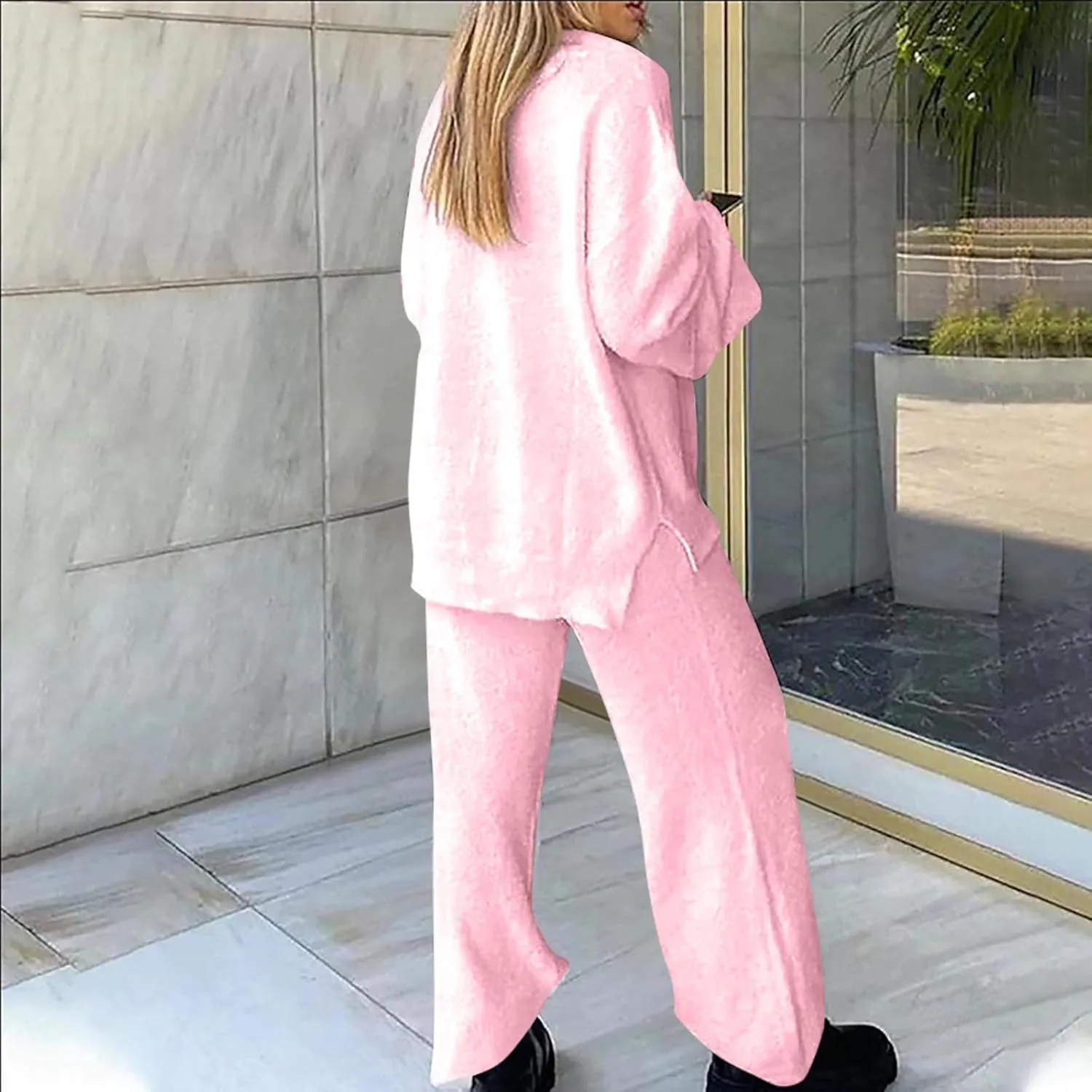 Lastesso Lounge Sets for Women Casual Size Fuzzy V Neck Two Piece Sets Soft Solid Trendy Loungewear Pajama Sets