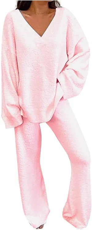 Lastesso Lounge Sets for Women Casual Size Fuzzy V Neck Two Piece Sets Soft Solid Trendy Loungewear Pajama Sets