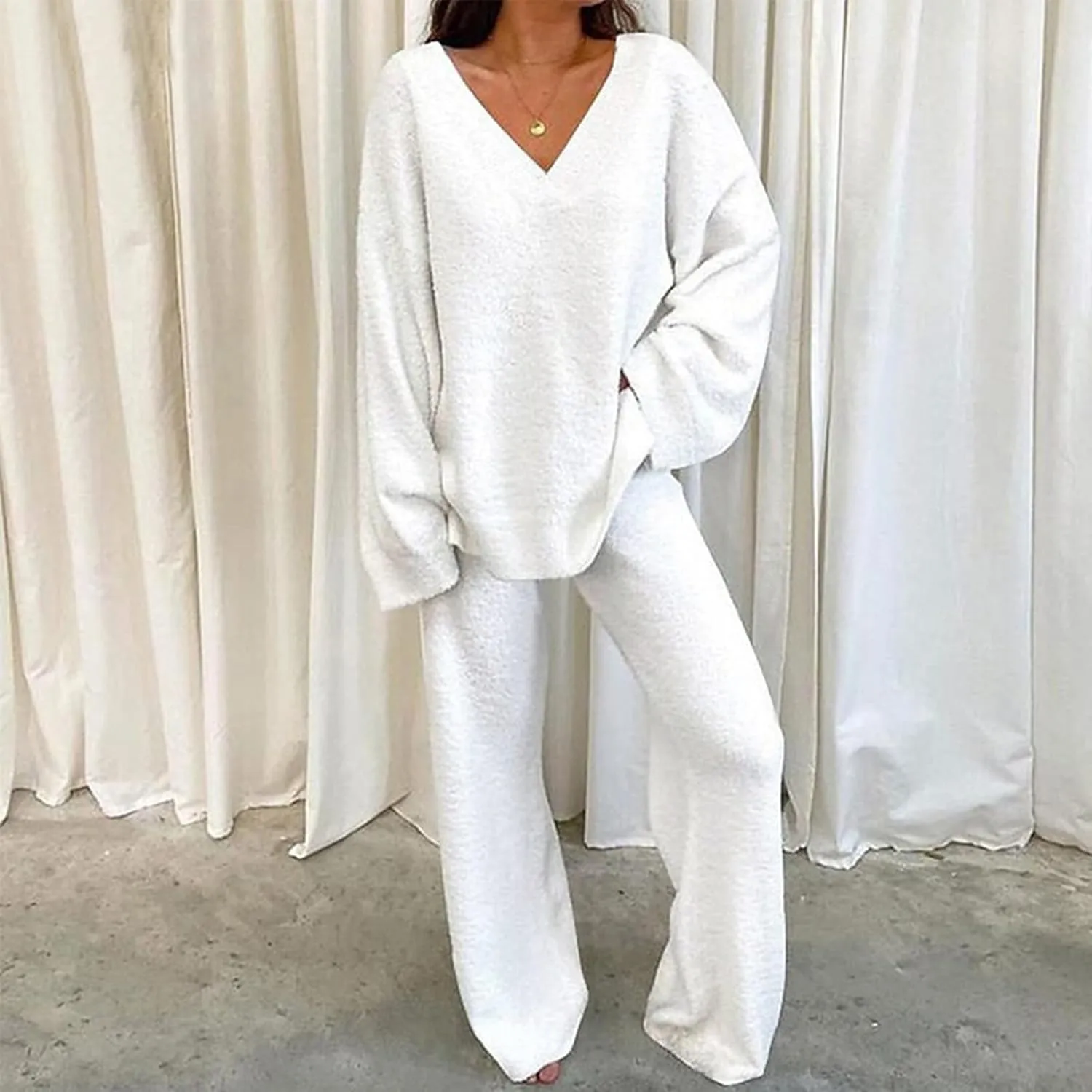 Lastesso Lounge Sets for Women Casual Size Fuzzy V Neck Two Piece Sets Soft Solid Trendy Loungewear Pajama Sets
