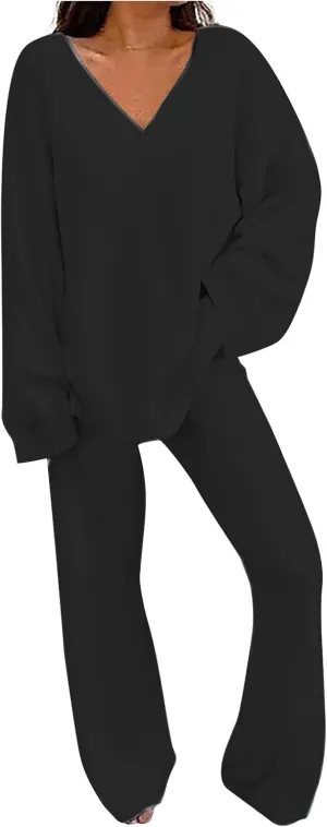 Lastesso Lounge Sets for Women Casual Size Fuzzy V Neck Two Piece Sets Soft Solid Trendy Loungewear Pajama Sets