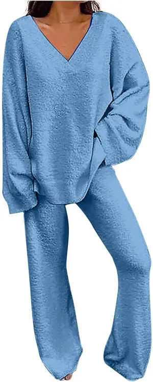 Lastesso Lounge Sets for Women Casual Size Fuzzy V Neck Two Piece Sets Soft Solid Trendy Loungewear Pajama Sets