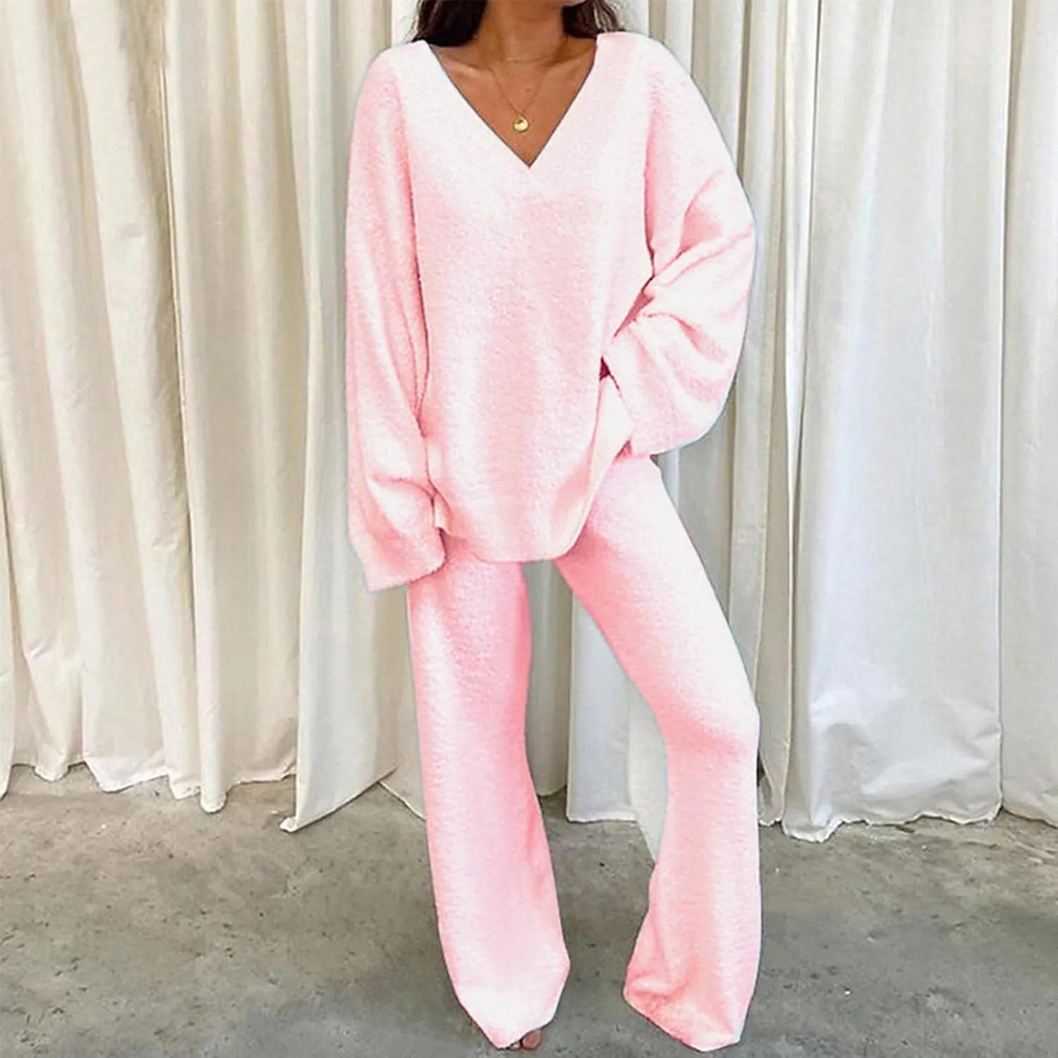 Lastesso Lounge Sets for Women Casual Size Fuzzy V Neck Two Piece Sets Soft Solid Trendy Loungewear Pajama Sets