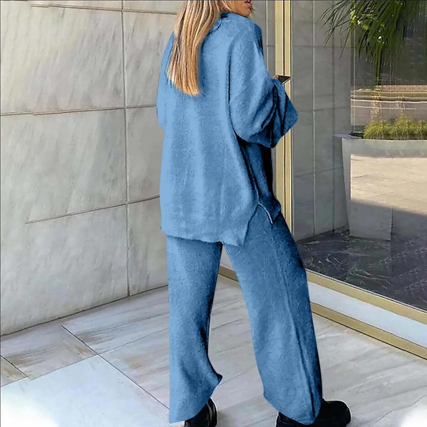 Lastesso Lounge Sets for Women Casual Size Fuzzy V Neck Two Piece Sets Soft Solid Trendy Loungewear Pajama Sets