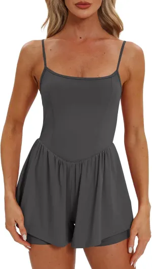 Lastesso Rompers for Women Dressy Square Neck Spaghetti Strap Shorts Athletic Sports Overalls Jumpsuit Summer Active Clothes