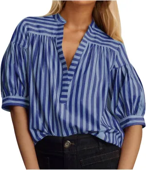 Lastesso Summer Tops for Women 2024 Trendy Striped Color Block Tee Short Casual V Neck Loose Pullover Tops Vacation T-Shirt