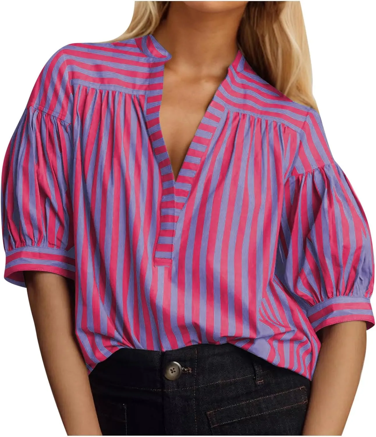 Lastesso Summer Tops for Women 2024 Trendy Striped Color Block Tee Short Casual V Neck Loose Pullover Tops Vacation T-Shirt
