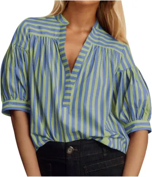 Lastesso Summer Tops for Women 2024 Trendy Striped Color Block Tee Short Casual V Neck Loose Pullover Tops Vacation T-Shirt