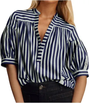 Lastesso Summer Tops for Women 2024 Trendy Striped Color Block Tee Short Casual V Neck Loose Pullover Tops Vacation T-Shirt