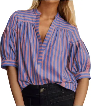 Lastesso Summer Tops for Women 2024 Trendy Striped Color Block Tee Short Casual V Neck Loose Pullover Tops Vacation T-Shirt