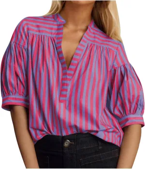 Lastesso Summer Tops for Women 2024 Trendy Striped Color Block Tee Short Casual V Neck Loose Pullover Tops Vacation T-Shirt