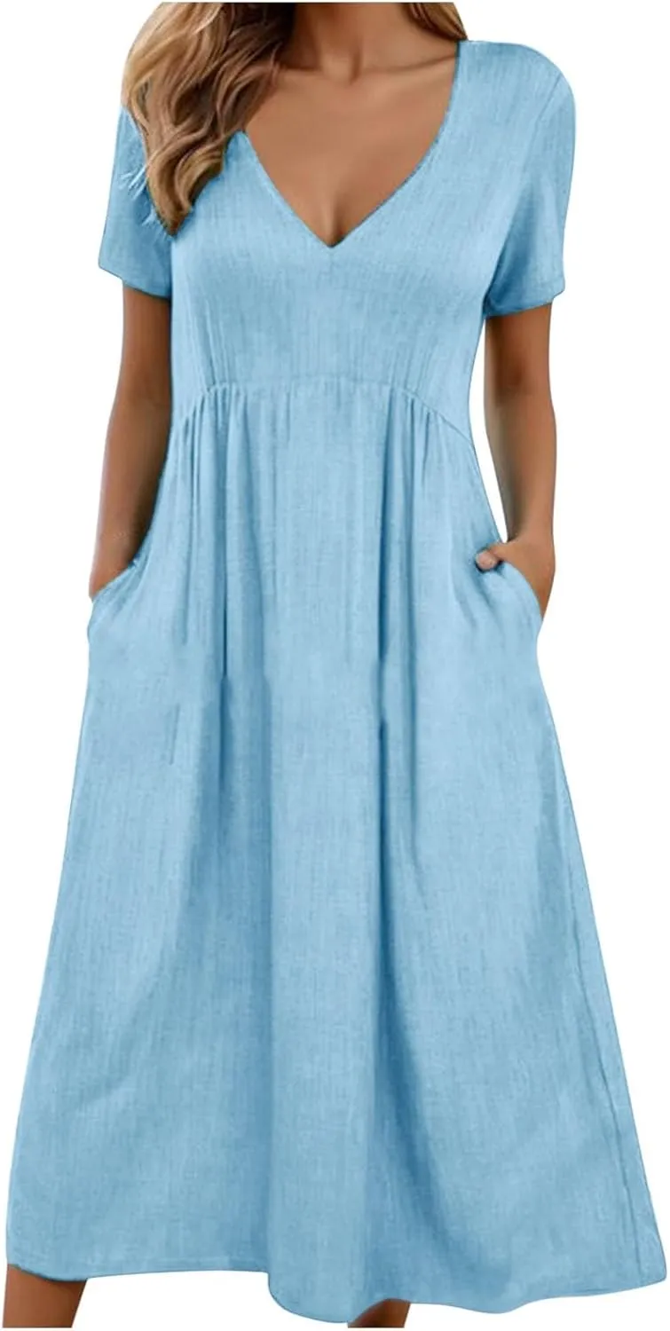 Lastesso Sundresses for Women 2024 Deep V Neck Short Dresses with Pockets High Waist Lightweight Cotton Linen Summer Dresses