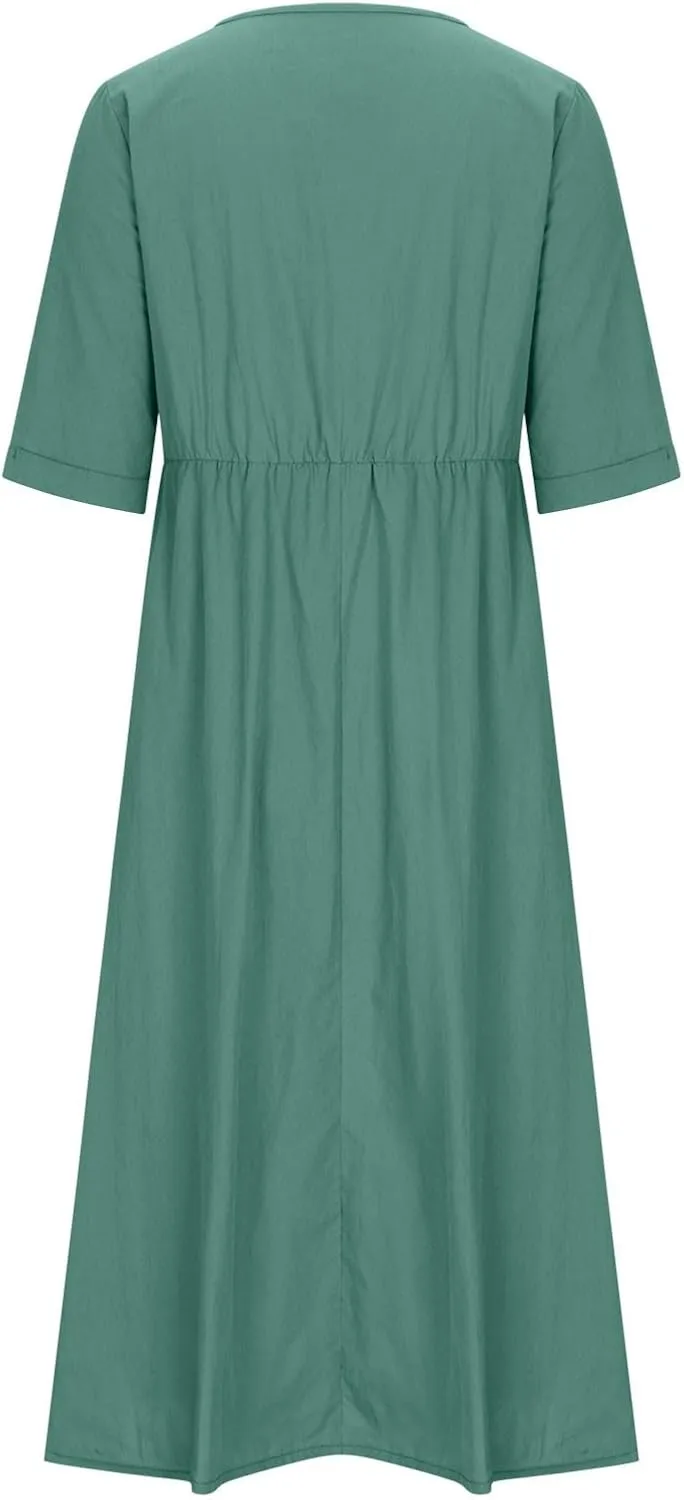 Lastesso Sundresses for Women 2024 Deep V Neck Short Dresses with Pockets High Waist Lightweight Cotton Linen Summer Dresses