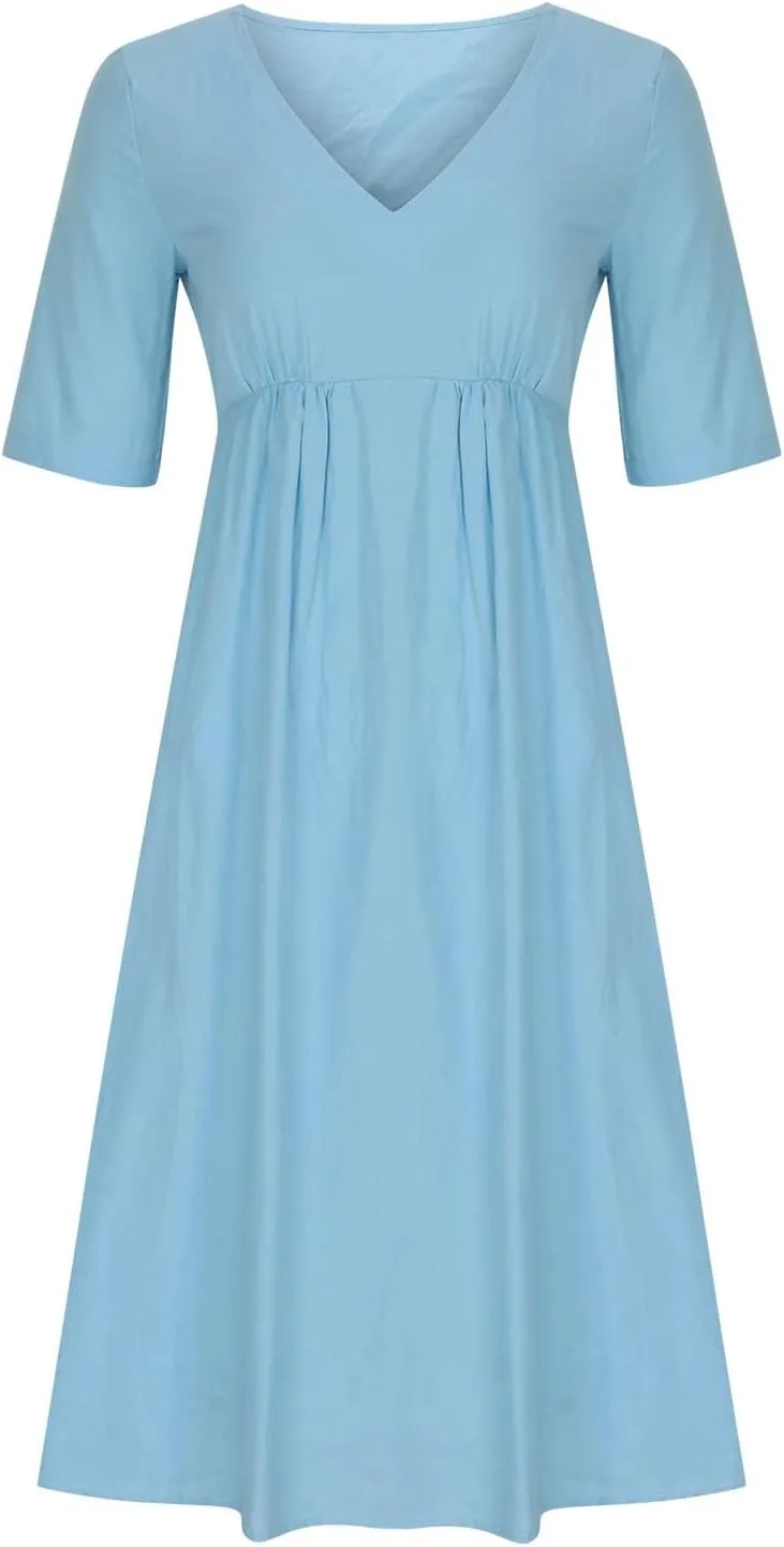 Lastesso Sundresses for Women 2024 Deep V Neck Short Dresses with Pockets High Waist Lightweight Cotton Linen Summer Dresses