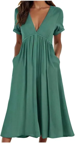 Lastesso Sundresses for Women 2024 Deep V Neck Short Dresses with Pockets High Waist Lightweight Cotton Linen Summer Dresses