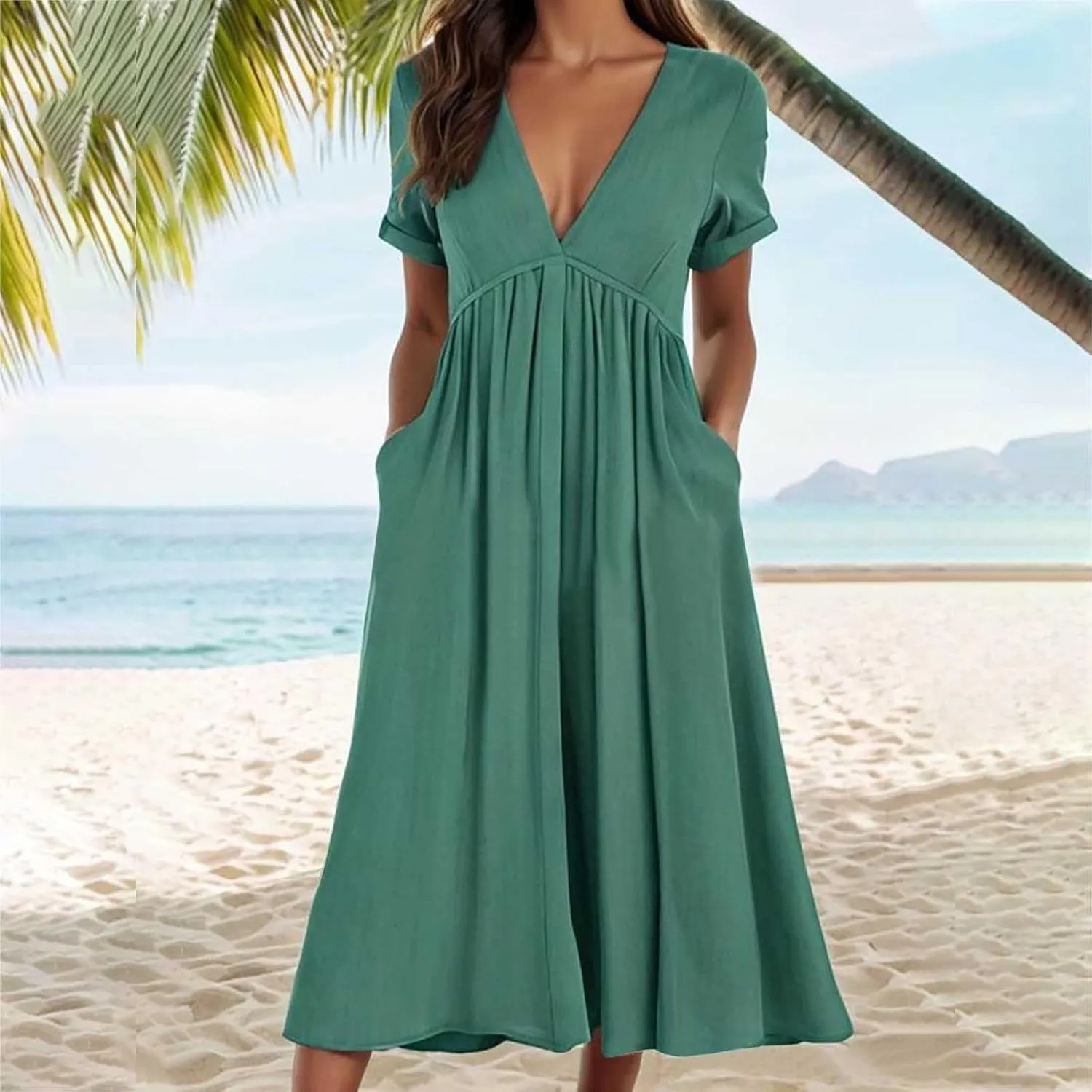 Lastesso Sundresses for Women 2024 Deep V Neck Short Dresses with Pockets High Waist Lightweight Cotton Linen Summer Dresses