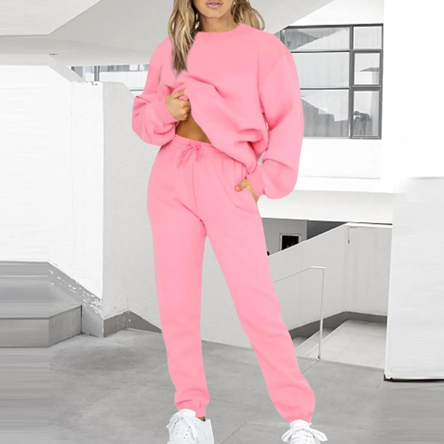 Lastesso Sweatsuits for Women Set 2 Piece Solid Loose Fit Tracksuit Soft Jogging Suits Casual Going Out Travel Clothes