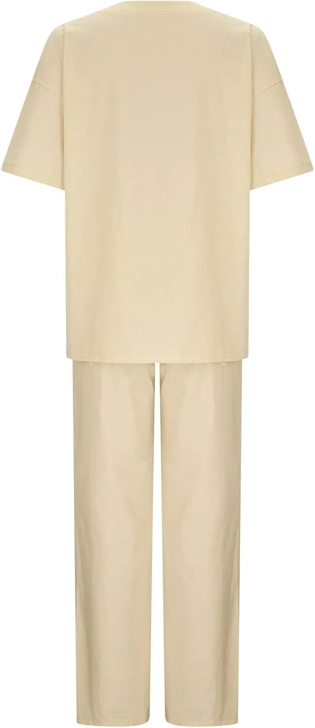 Lastesso Womens 2 Piece Outfits Summer Casual Short Sleeve Tops with Relaxed Long Palazzo Pants Solid Comfy Loungewear