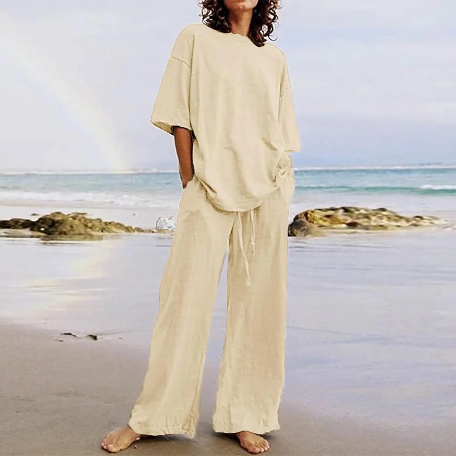 Lastesso Womens 2 Piece Outfits Summer Casual Short Sleeve Tops with Relaxed Long Palazzo Pants Solid Comfy Loungewear