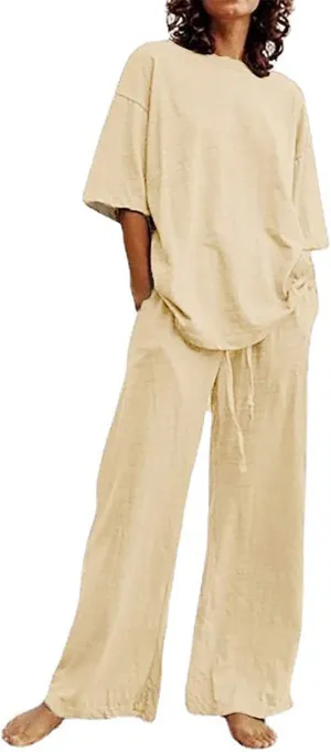 Lastesso Womens 2 Piece Outfits Summer Casual Short Sleeve Tops with Relaxed Long Palazzo Pants Solid Comfy Loungewear
