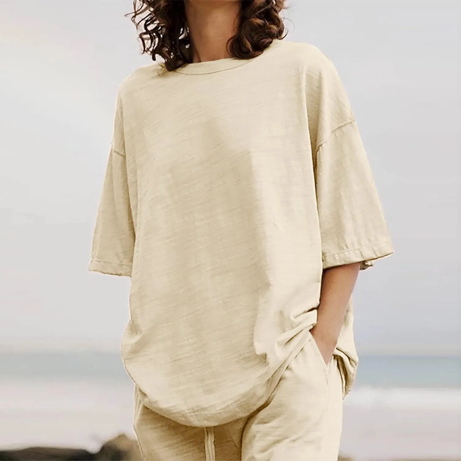 Lastesso Womens 2 Piece Outfits Summer Casual Short Sleeve Tops with Relaxed Long Palazzo Pants Solid Comfy Loungewear