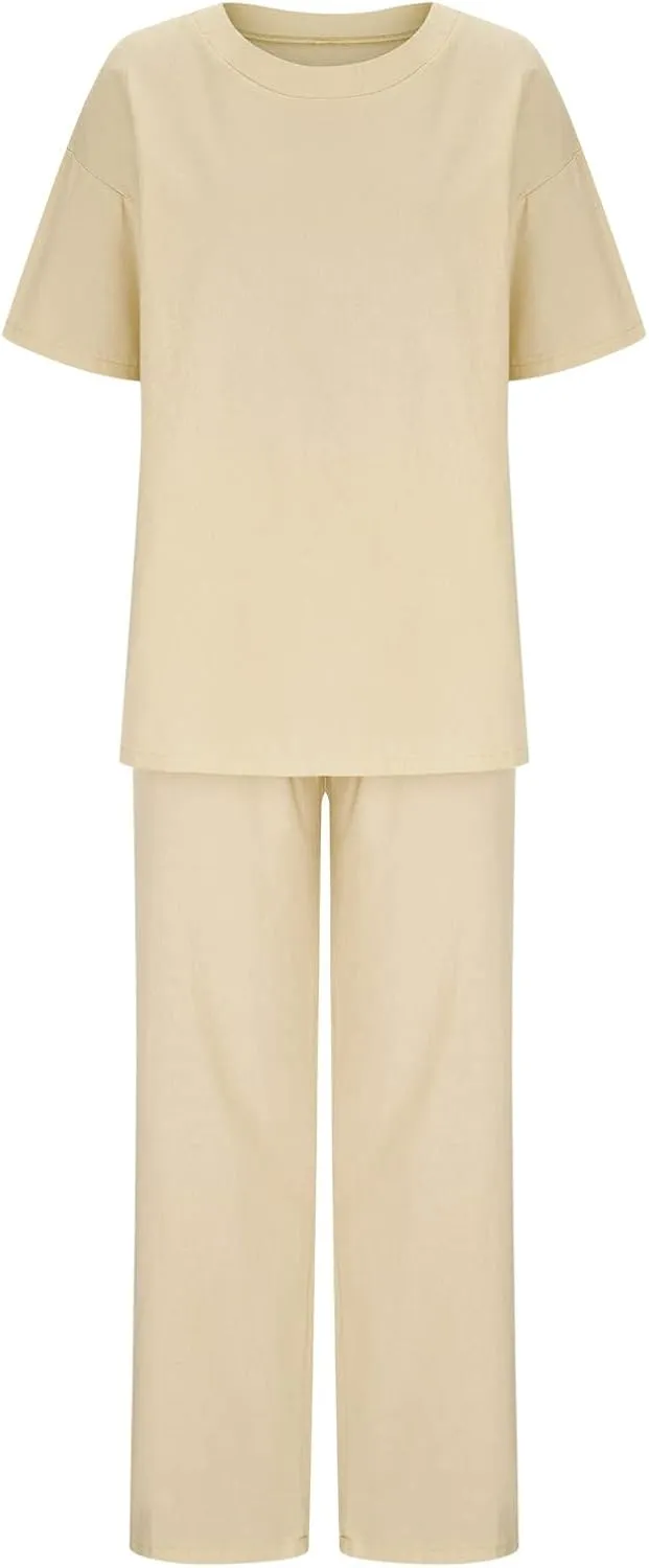 Lastesso Womens 2 Piece Outfits Summer Casual Short Sleeve Tops with Relaxed Long Palazzo Pants Solid Comfy Loungewear