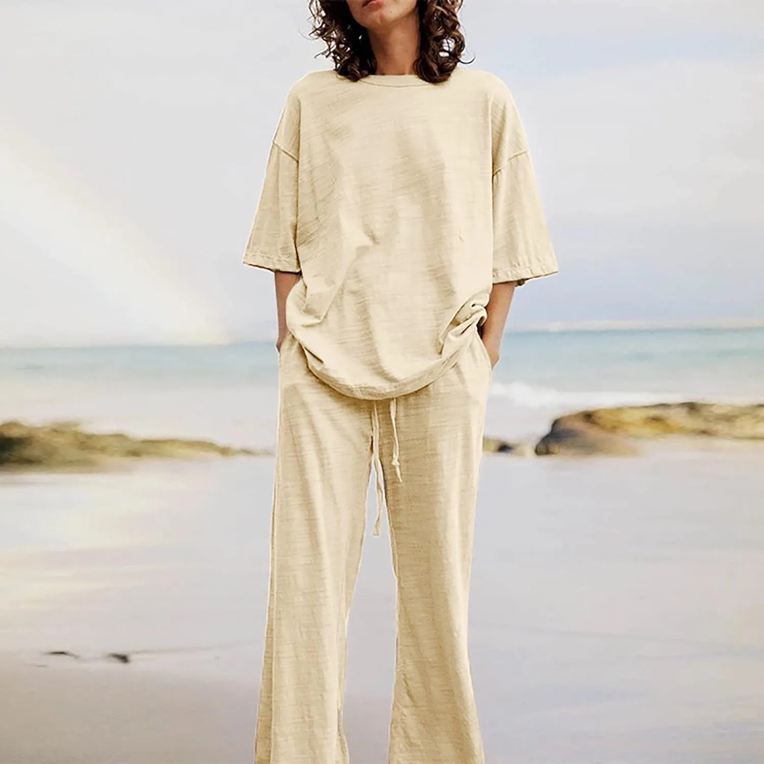 Lastesso Womens 2 Piece Outfits Summer Casual Short Sleeve Tops with Relaxed Long Palazzo Pants Solid Comfy Loungewear