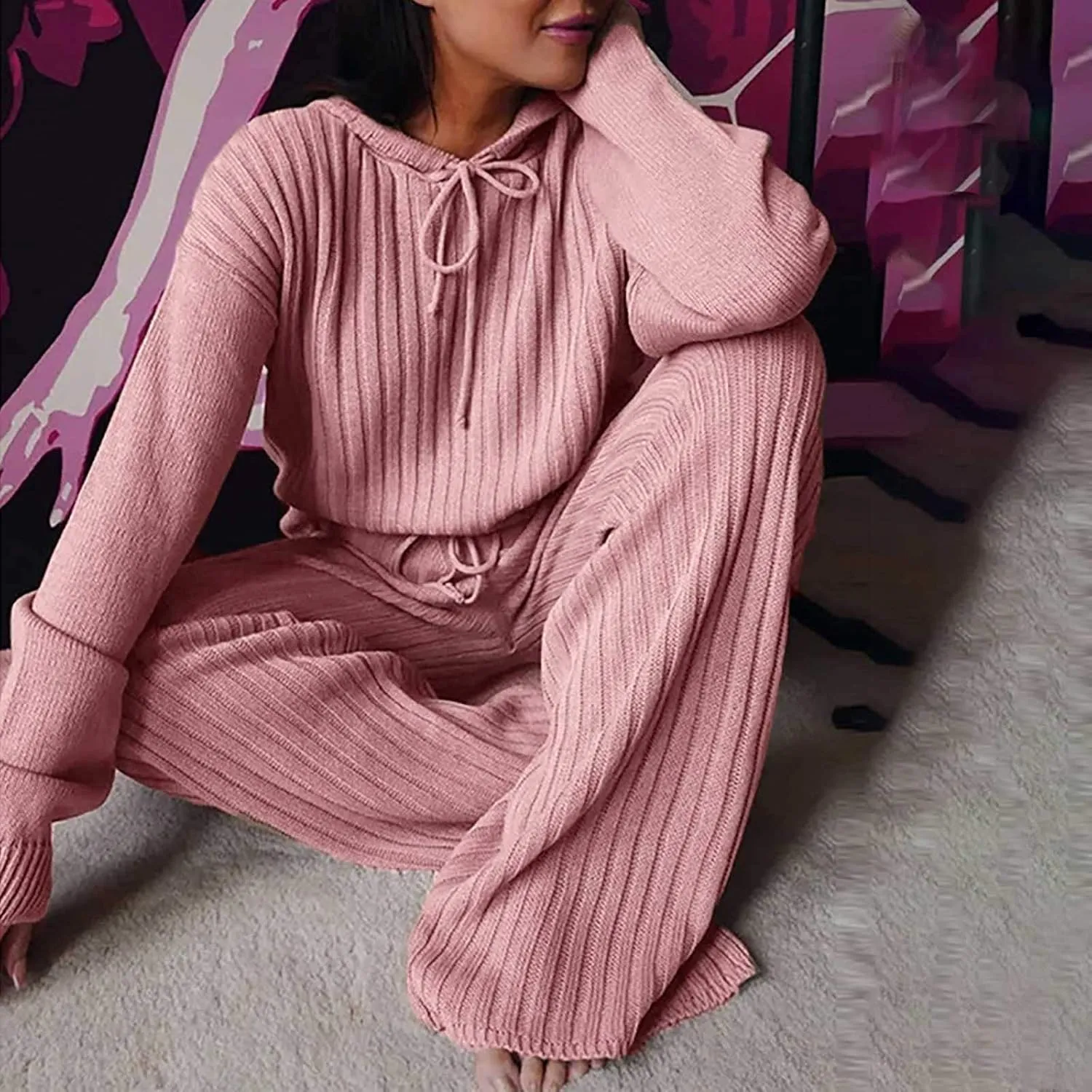 Lastesso Womens Knit Loungewear Set 2 Piece Ribbed Knit Loose Fit Lounge Wear Soft Hoodies Baggy Wid Leg Trousers Cozy Pajama