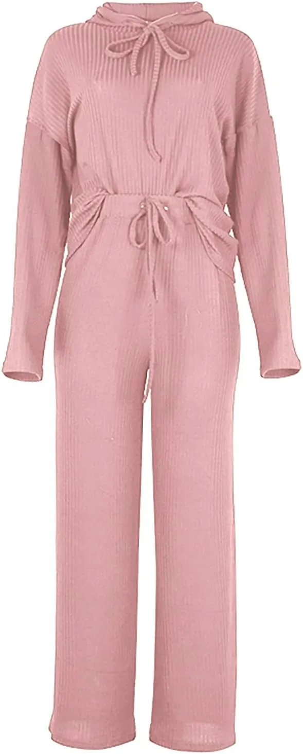 Lastesso Womens Knit Loungewear Set 2 Piece Ribbed Knit Loose Fit Lounge Wear Soft Hoodies Baggy Wid Leg Trousers Cozy Pajama