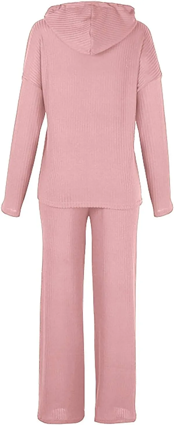 Lastesso Womens Knit Loungewear Set 2 Piece Ribbed Knit Loose Fit Lounge Wear Soft Hoodies Baggy Wid Leg Trousers Cozy Pajama