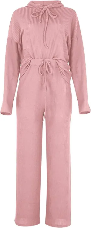 Lastesso Womens Knit Loungewear Set 2 Piece Ribbed Knit Loose Fit Lounge Wear Soft Hoodies Baggy Wid Leg Trousers Cozy Pajama
