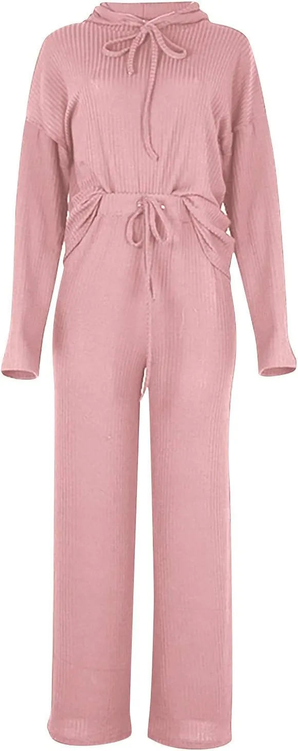 Lastesso Womens Knit Loungewear Set 2 Piece Ribbed Knit Loose Fit Lounge Wear Soft Hoodies Baggy Wid Leg Trousers Cozy Pajama
