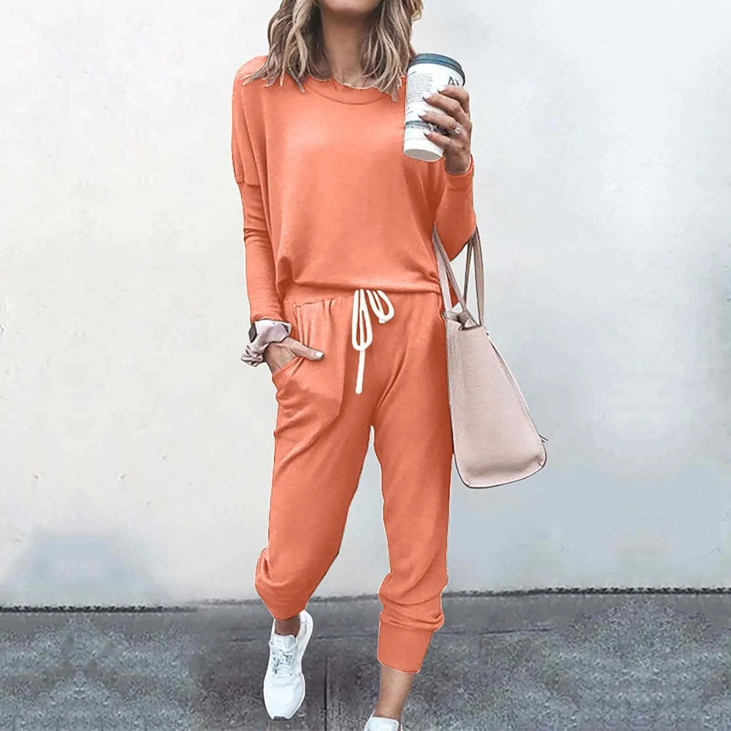 Lastesso Womens Loungewear Sets 2 Piece Casual Long Sleeve Crew Neck Pullover Cinch Bottom Loose Pants Tracksuit Sets Outfits