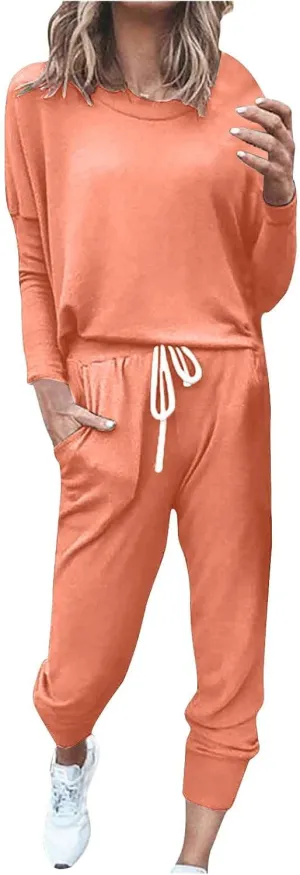 Lastesso Womens Loungewear Sets 2 Piece Casual Long Sleeve Crew Neck Pullover Cinch Bottom Loose Pants Tracksuit Sets Outfits