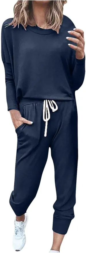 Lastesso Womens Loungewear Sets 2 Piece Casual Long Sleeve Crew Neck Pullover Cinch Bottom Loose Pants Tracksuit Sets Outfits