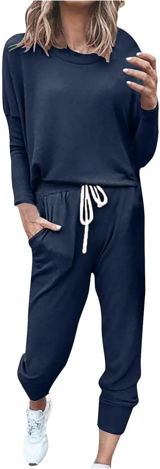 Lastesso Womens Loungewear Sets 2 Piece Casual Long Sleeve Crew Neck Pullover Cinch Bottom Loose Pants Tracksuit Sets Outfits