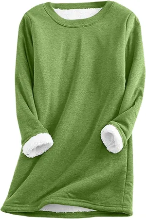 Lastesso Women's Solid Color Thicken Sweatshirt Warm Wool Blend Long Sleeve Outerwear Soft Crew Neck Shaggy Pullovers Tops