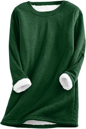 Lastesso Women's Solid Color Thicken Sweatshirt Warm Wool Blend Long Sleeve Outerwear Soft Crew Neck Shaggy Pullovers Tops