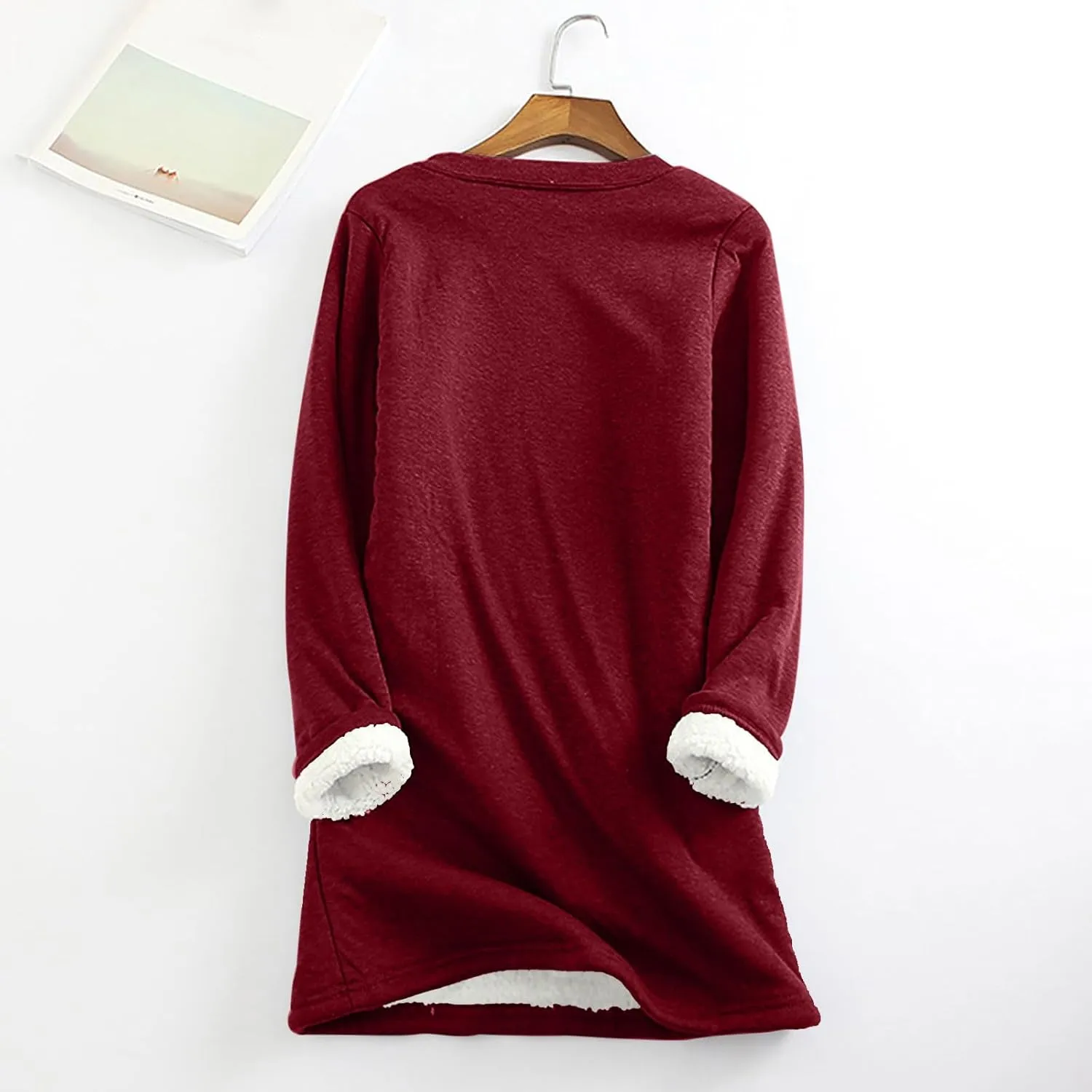Lastesso Women's Solid Color Thicken Sweatshirt Warm Wool Blend Long Sleeve Outerwear Soft Crew Neck Shaggy Pullovers Tops