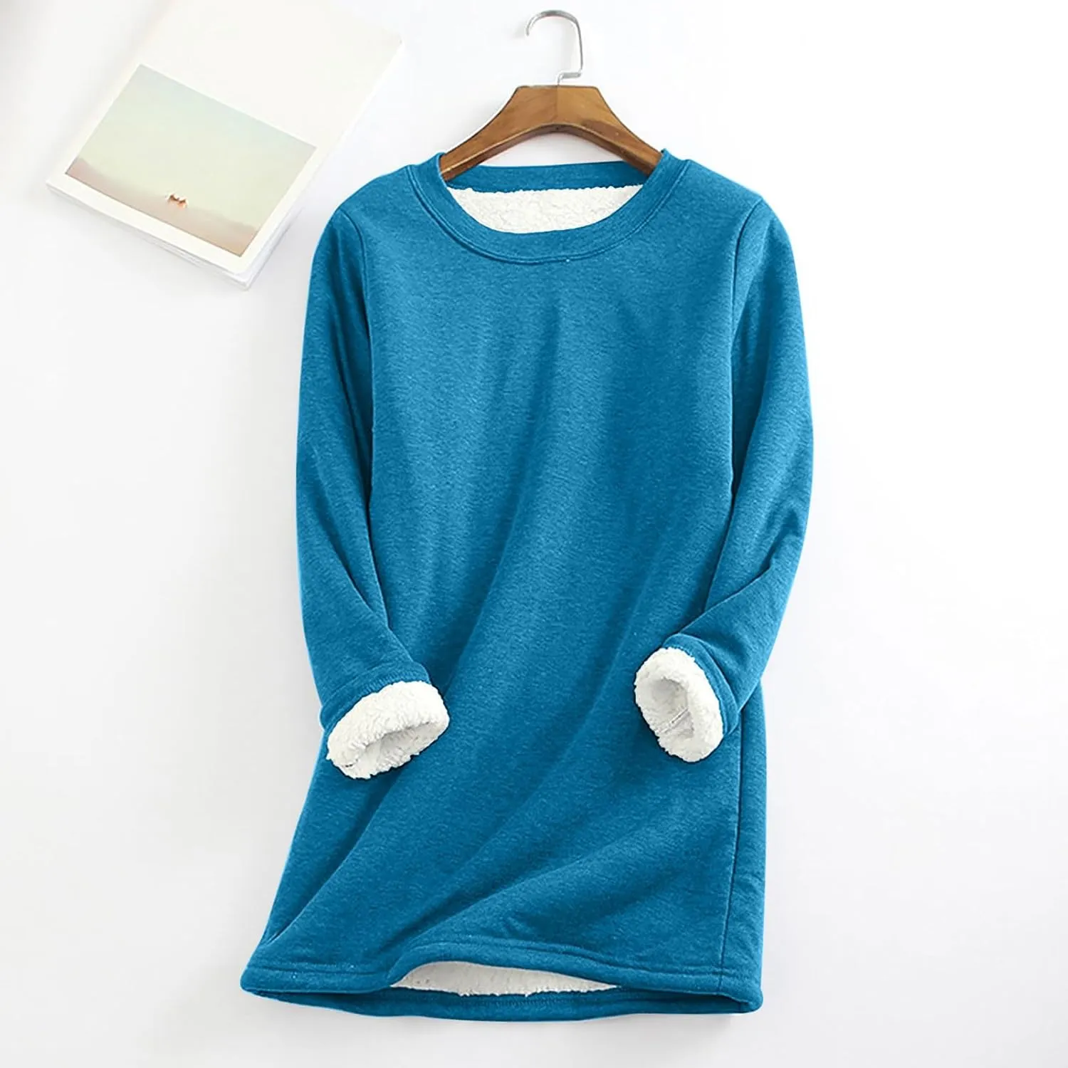 Lastesso Women's Solid Color Thicken Sweatshirt Warm Wool Blend Long Sleeve Outerwear Soft Crew Neck Shaggy Pullovers Tops