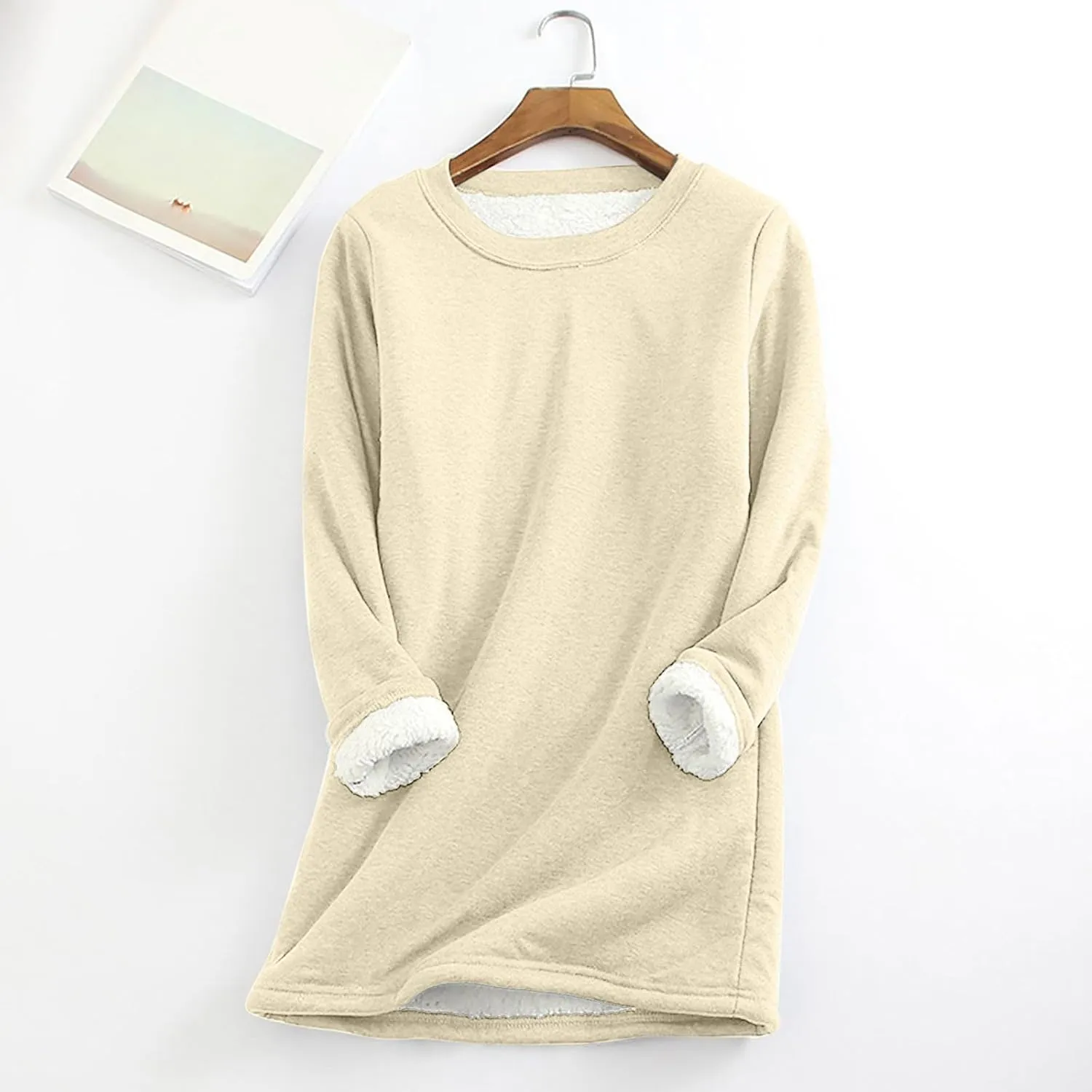 Lastesso Women's Solid Color Thicken Sweatshirt Warm Wool Blend Long Sleeve Outerwear Soft Crew Neck Shaggy Pullovers Tops