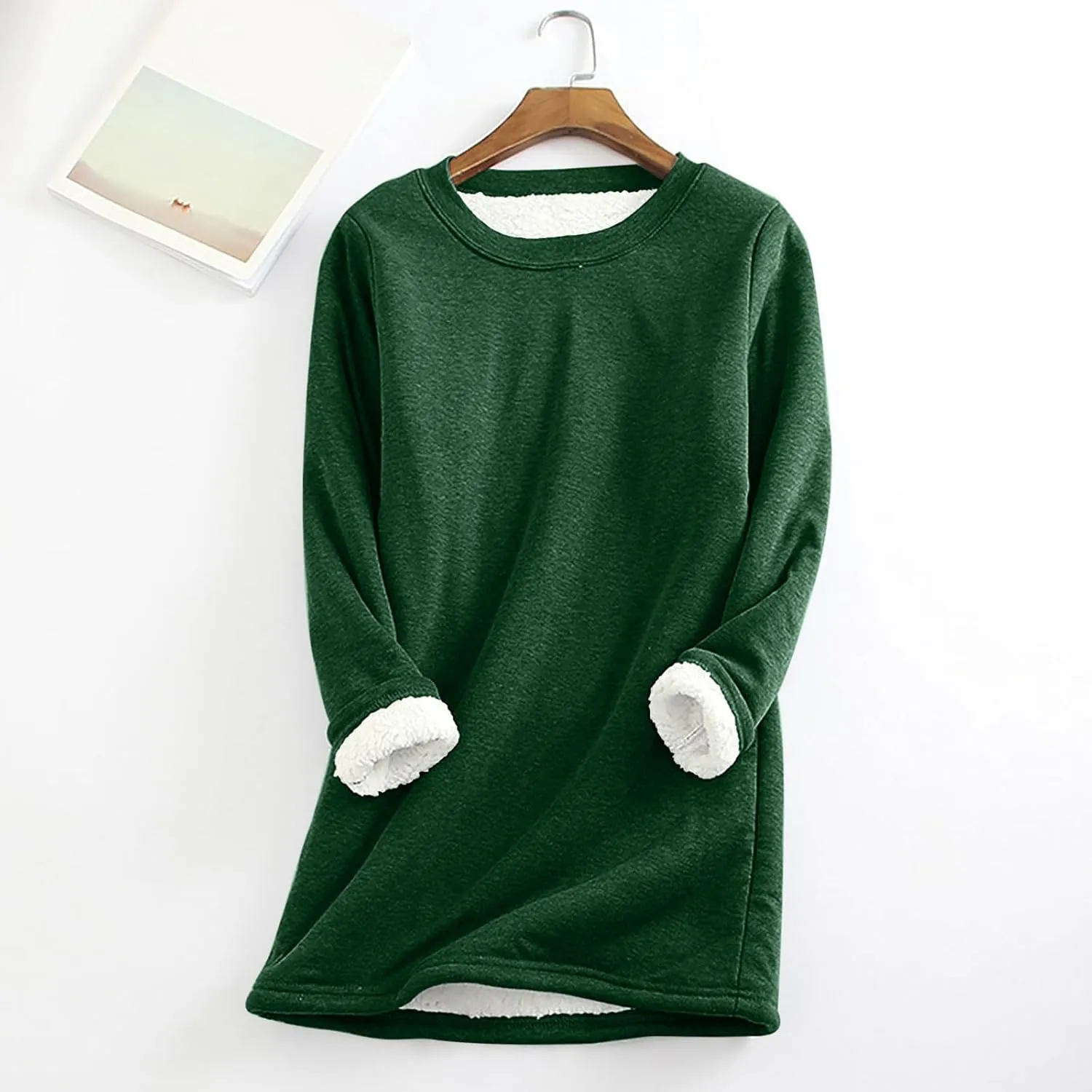 Lastesso Women's Solid Color Thicken Sweatshirt Warm Wool Blend Long Sleeve Outerwear Soft Crew Neck Shaggy Pullovers Tops