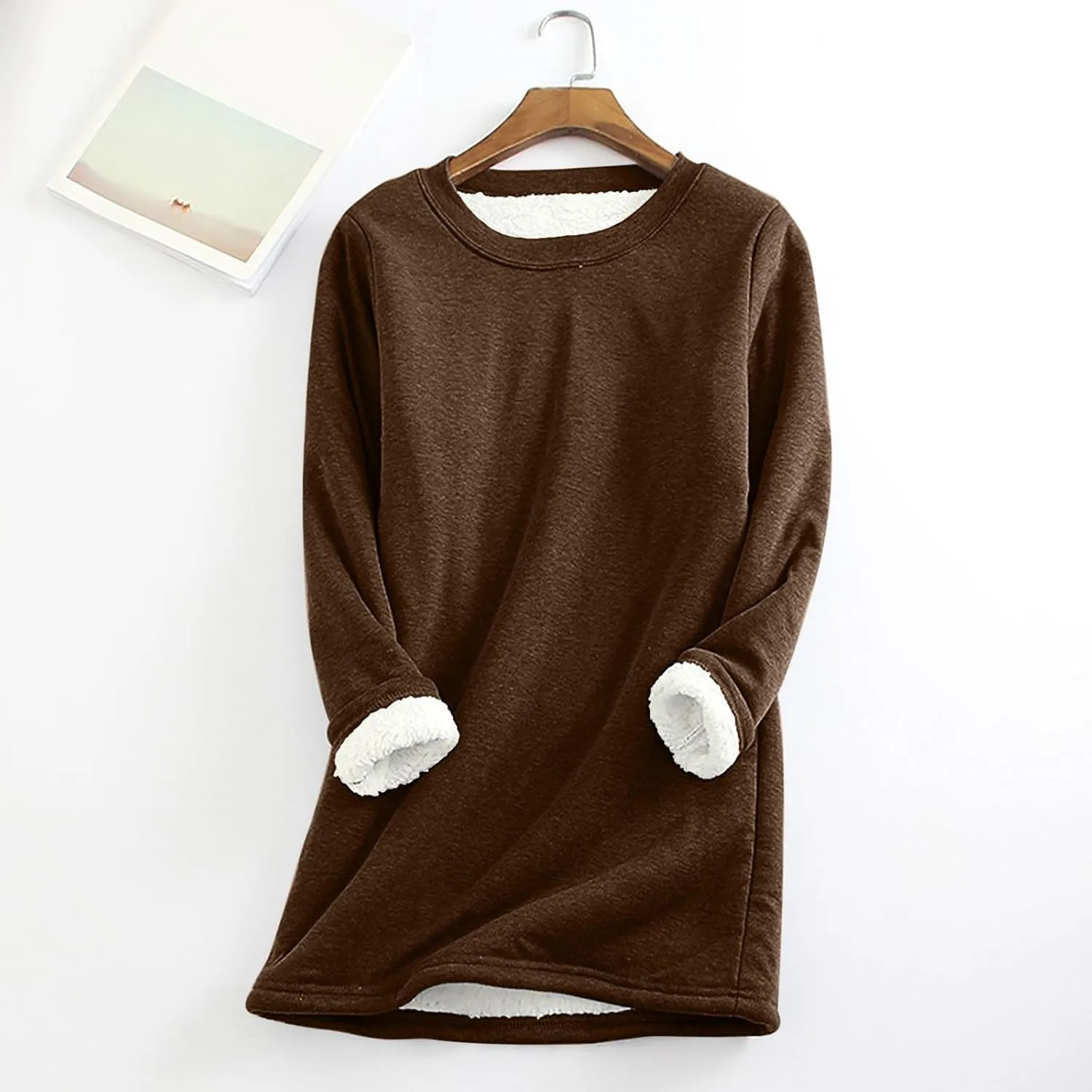 Lastesso Women's Solid Color Thicken Sweatshirt Warm Wool Blend Long Sleeve Outerwear Soft Crew Neck Shaggy Pullovers Tops