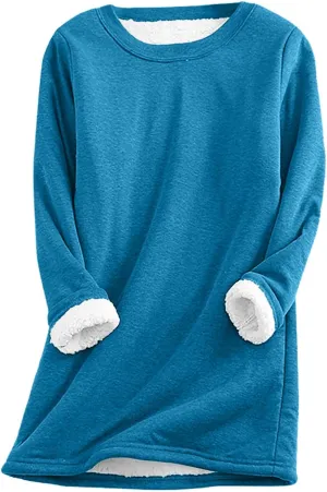 Lastesso Women's Solid Color Thicken Sweatshirt Warm Wool Blend Long Sleeve Outerwear Soft Crew Neck Shaggy Pullovers Tops
