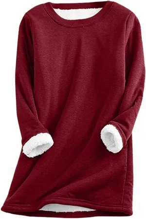 Lastesso Women's Solid Color Thicken Sweatshirt Warm Wool Blend Long Sleeve Outerwear Soft Crew Neck Shaggy Pullovers Tops