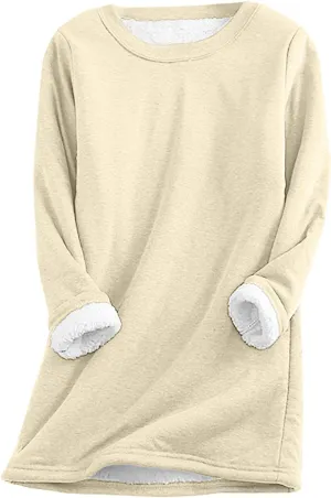 Lastesso Women's Solid Color Thicken Sweatshirt Warm Wool Blend Long Sleeve Outerwear Soft Crew Neck Shaggy Pullovers Tops