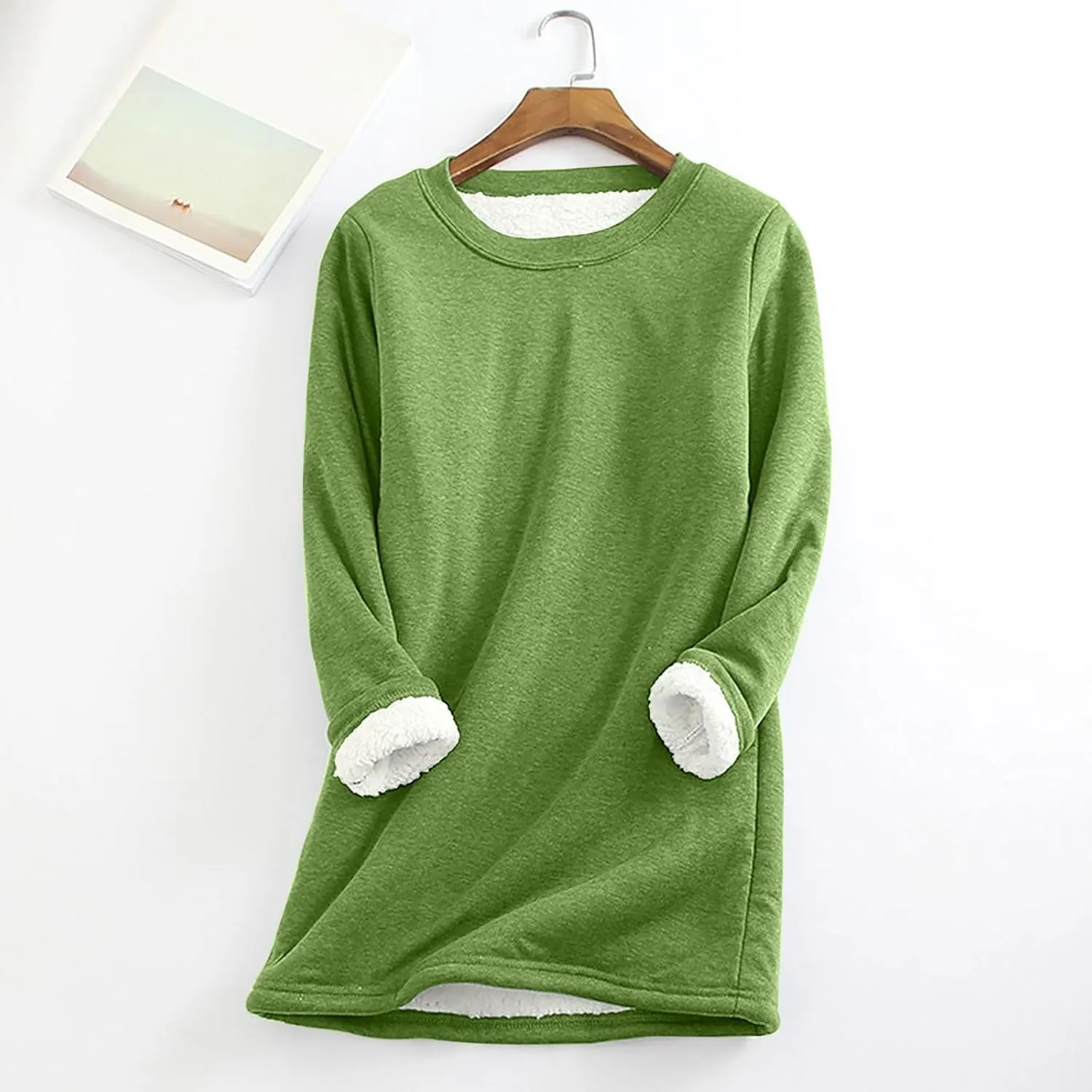 Lastesso Women's Solid Color Thicken Sweatshirt Warm Wool Blend Long Sleeve Outerwear Soft Crew Neck Shaggy Pullovers Tops