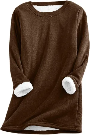 Lastesso Women's Solid Color Thicken Sweatshirt Warm Wool Blend Long Sleeve Outerwear Soft Crew Neck Shaggy Pullovers Tops