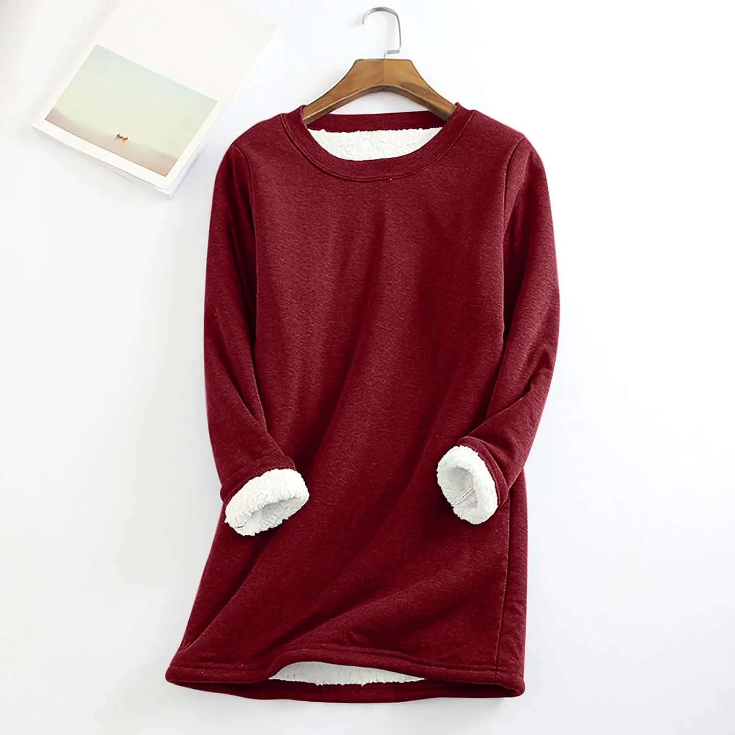 Lastesso Women's Solid Color Thicken Sweatshirt Warm Wool Blend Long Sleeve Outerwear Soft Crew Neck Shaggy Pullovers Tops