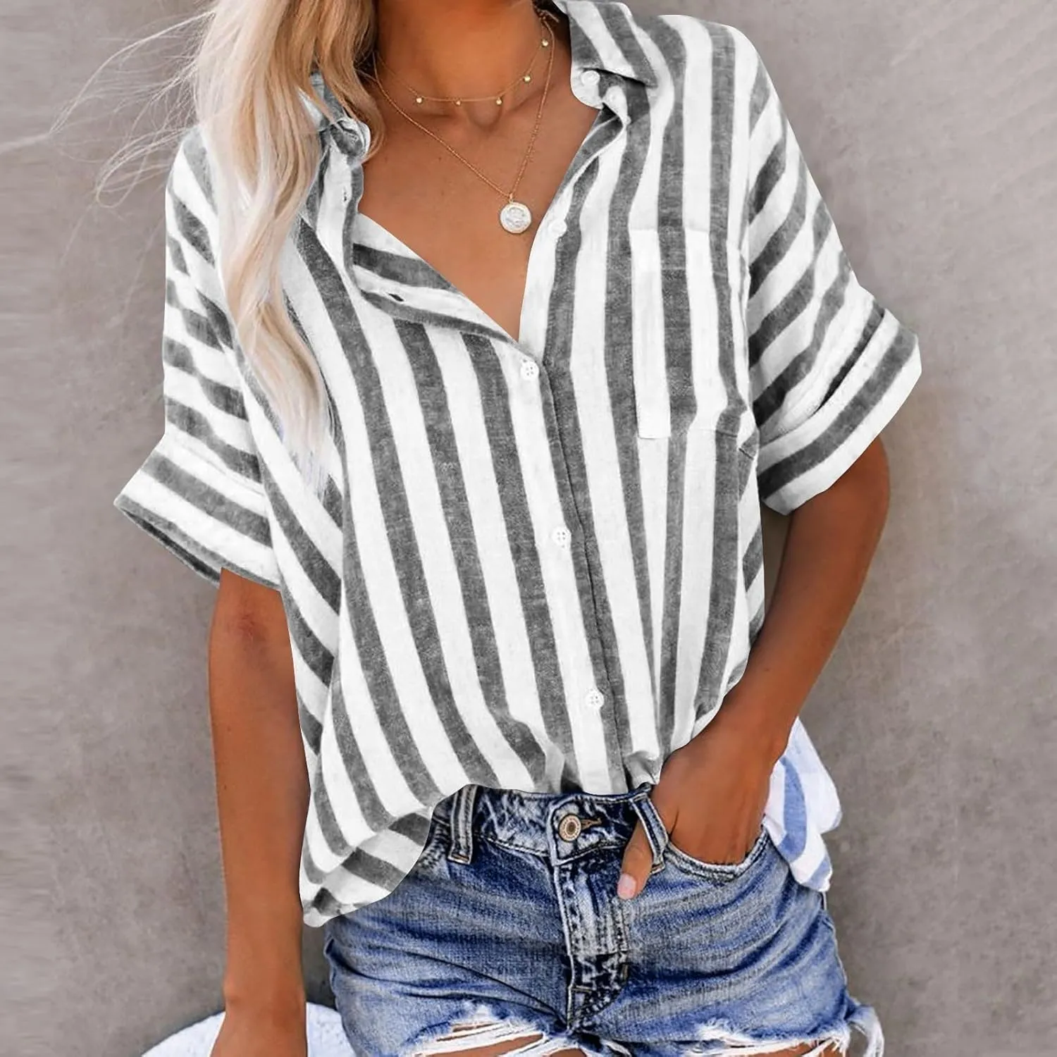 Lastesso Womens Summer Tops Lightweight Button Down Stripes Short Short Sleeve Pullover Shirts Business Casual T-Shirt