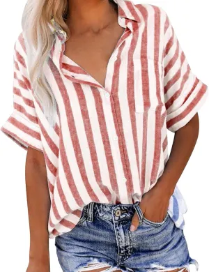 Lastesso Womens Summer Tops Lightweight Button Down Stripes Short Short Sleeve Pullover Shirts Business Casual T-Shirt